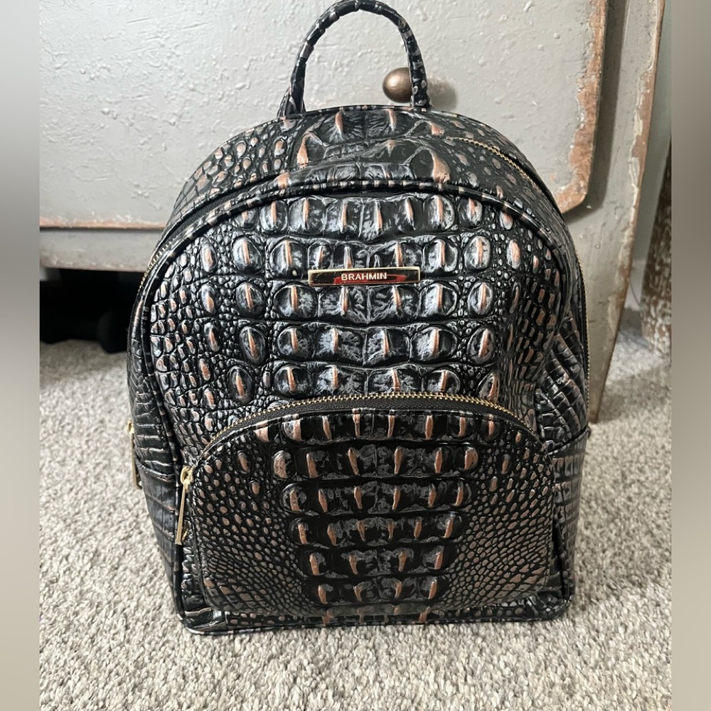 Brahmin Black and Brown Croc-Embossed Backpack